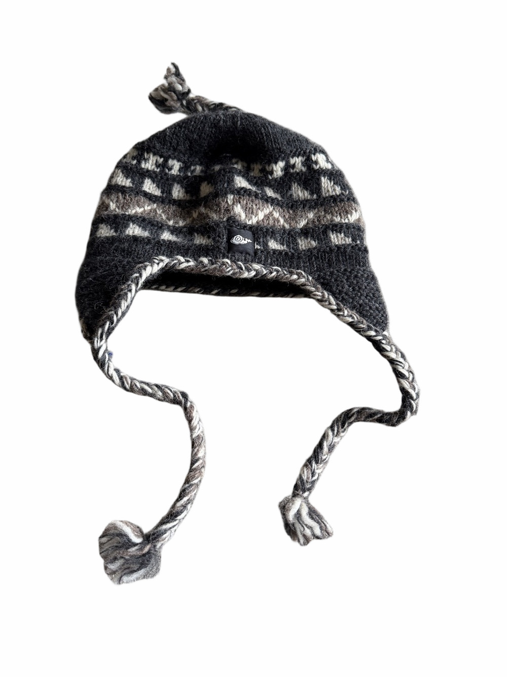 Everest Designs Nepal Wool Earflap Hat Adult Black Gray Braided Tassel Pom